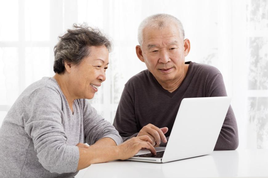 Couple of Asian descent looking at laptop screen